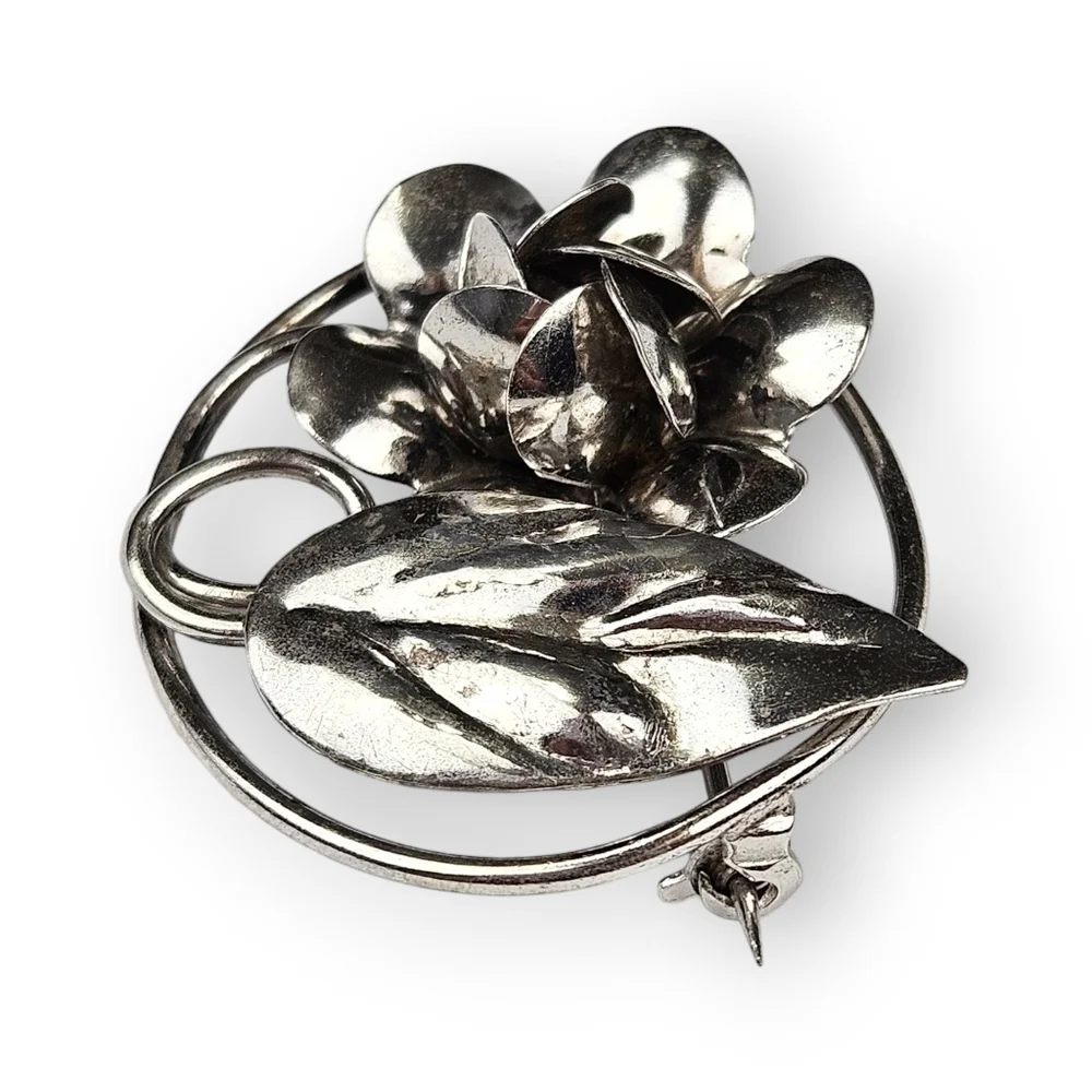 Vintage Sterling Rose Brooch Floral Dimensional Flower 925 Silver 1950s 1.25
